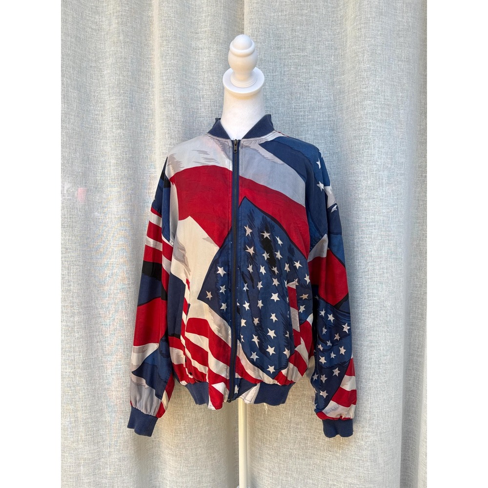 1990 Montage pour Homme  silk bomber red white blue American flag jacket